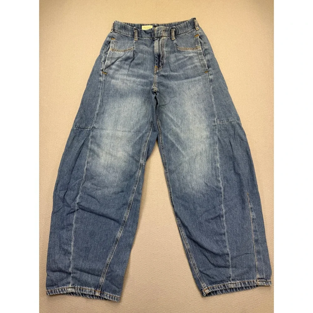 Pilcro Anthropologie Barrel Leg Jeans 27 Medium Wash Blue High Rise Relaxed Seam